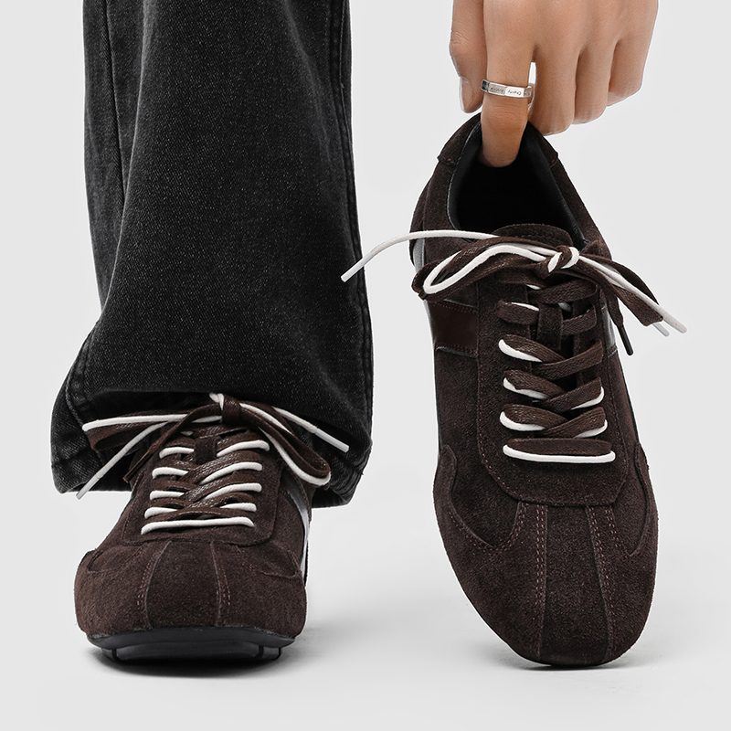 棕色德训鞋男真皮复古平底阿甘鞋