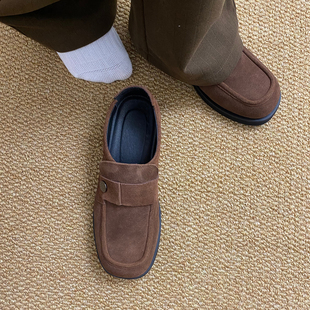 复古乐福鞋男真皮老钱风一脚蹬豆豆鞋日系方头德比鞋通勤休闲皮鞋