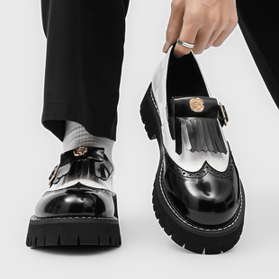 黑白琴键流苏乐福鞋男设计感布洛克一脚蹬德比鞋皮带扣厚底豆豆鞋