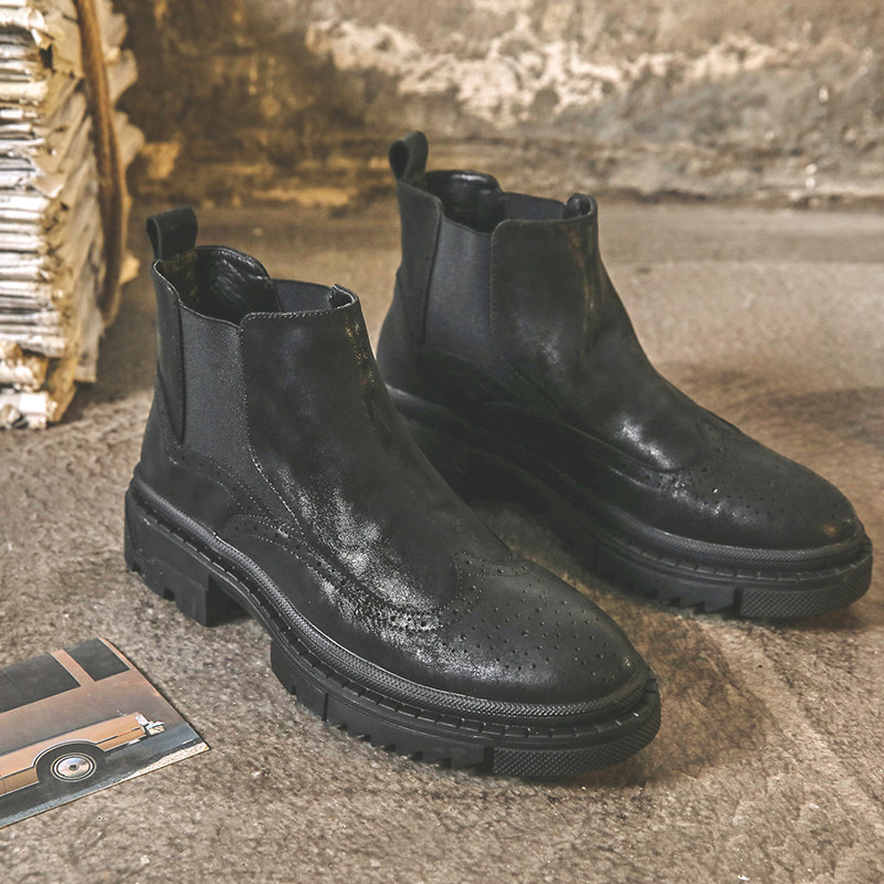 CHELSEA BOOTS MENS LEATHER WINTER VELVET POINTED TOE BRITISH BOOTS HIGH TOP LEATHER SHOES HIGH HEIGHT ENGRAVED MARTIN BOOTS