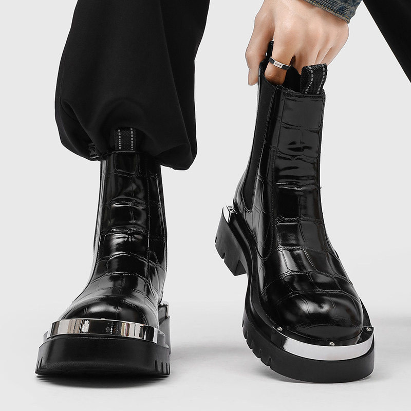 切尔西靴男真皮黑色复古圆头短靴高帮皮鞋高级感机车靴工装马丁靴