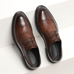 厚底系带青年尖头新郎婚礼婚鞋 西装 增高鞋 男真皮棕色商务正装 皮鞋