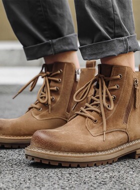 马丁靴男真皮美式复古高帮工装靴侧拉链中帮大黄靴厚底增高沙漠靴