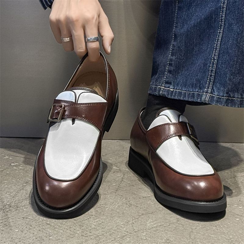 棕色乐福鞋男真皮一脚蹬德比鞋