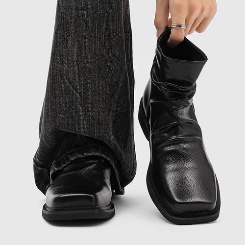 方头褶皱切尔西靴男真皮拉链短靴