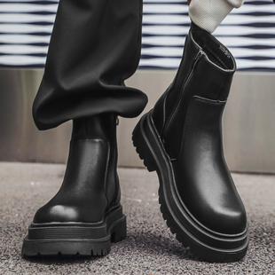 切尔西靴男冬季加绒真皮烟筒靴英伦风拉链短靴厚底增高中帮马丁靴