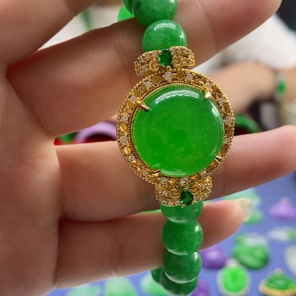 天然缅甸A货翡翠冰种满绿手表链手链手串时尚精致玉石珠宝送礼物