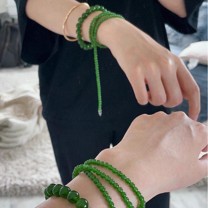 天然俄罗斯老矿料和田碧玉菠菜绿超细小米珠项链阳绿锁骨链辣绿色