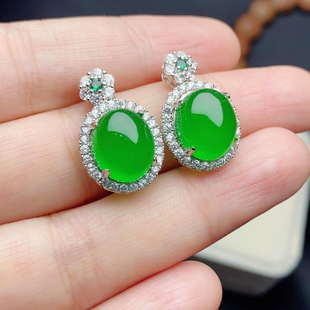天然缅甸翡翠阳绿耳坠冰种蛋面镶嵌翠色帝王绿耳饰绿玉耳钉女款