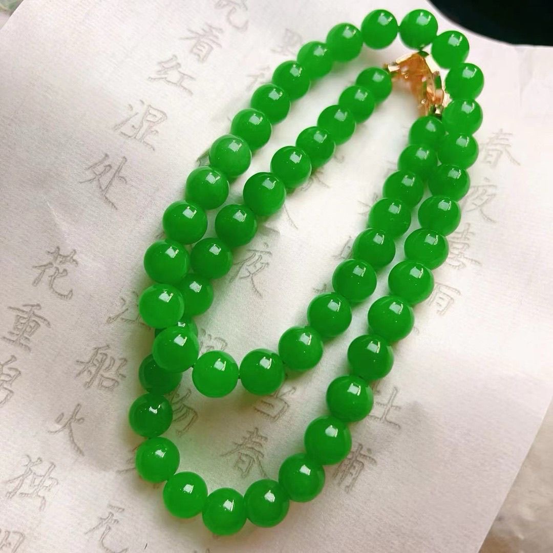 天然缅甸a货翡翠冰种阳绿圆珠项链满绿女毛衣链玉石珠子链子正品