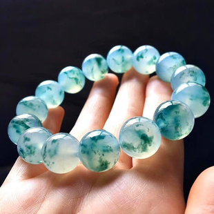 天然翡翠缅甸手链糯种玉石手串飘绿花精美男女冰种飘花蓝花圆珠