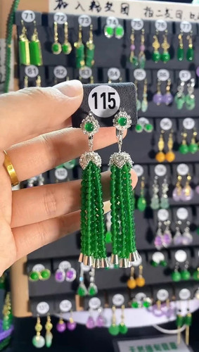 天然翡翠A货耳坠小米珠翡翠耳扣流苏款高冰正阳绿帝王绿辣绿耳饰