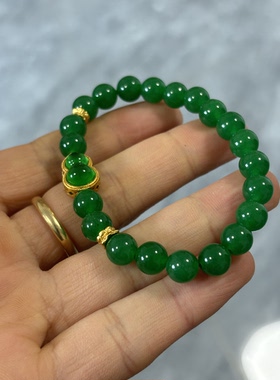 葫芦手串翡翠14k金镶嵌帝王绿手链玉石女绿色天然满绿辣绿高冰种