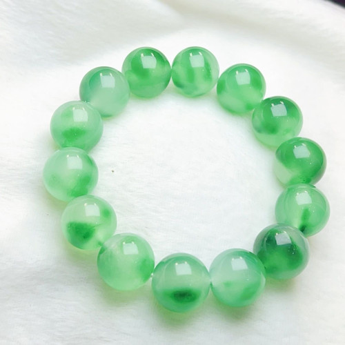 天然缅甸翡翠冰糯种飘绿翡翠玉石手串珠子圆润飘花灵动有韵味