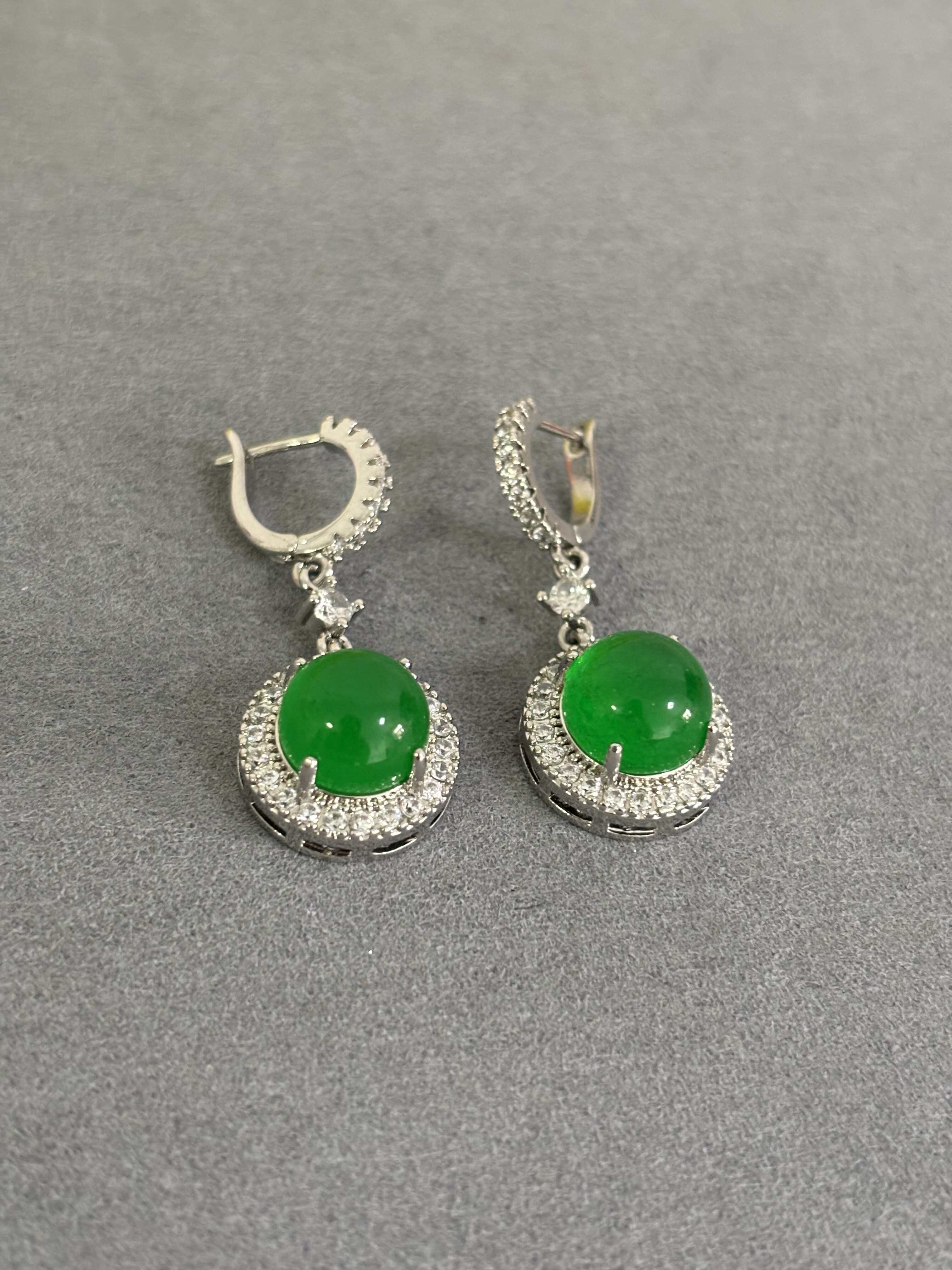 天然缅甸翡翠A货耳坠满绿圆形蛋面耳扣耳环耳坠耳饰帝王绿冰糯种