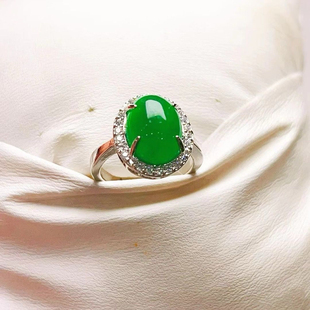 天然翡翠戒指女款冰种阳绿蛋面戒指925银镶嵌玉石指环送女生礼物