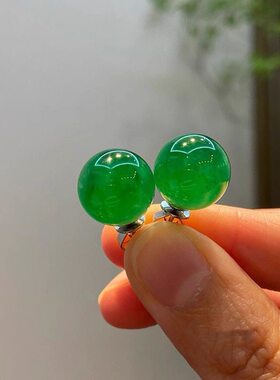 天然正阳绿缅甸翡翠高冰耳钉冰糯种辣绿圆珠10mm中式显白纯银女款