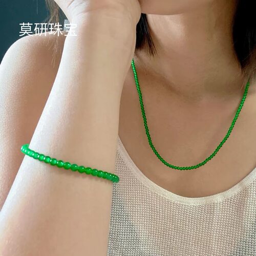 DIY天然缅料辣绿翡翠小米珠项链3-8m细锁骨链新中式女翡翠毛衣链
