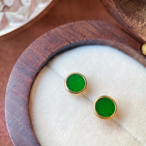 天然翡翠缅甸a货冰种满阳绿耳饰耳钉翡翠平安扣耳坠925银镶嵌圆牌