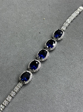 天然蓝宝石手链女款时尚新款钻石手链超闪火彩好925银镶轻奢时尚