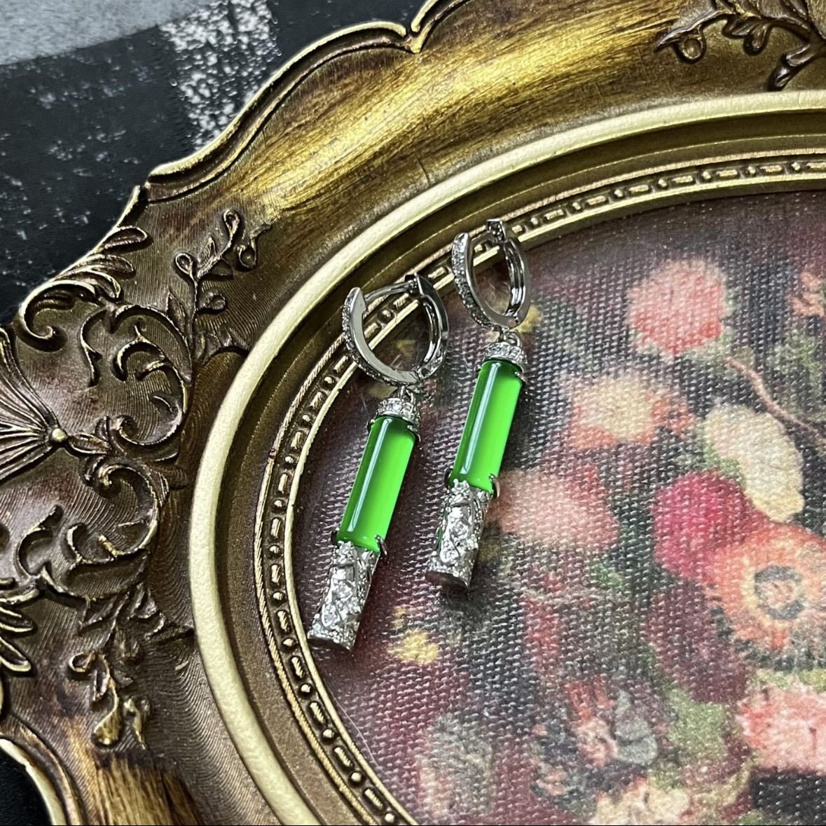 天然缅甸翡翠A货冰种阳绿马鞍耳坠纯银镶嵌天然A货玉石耳环耳饰女