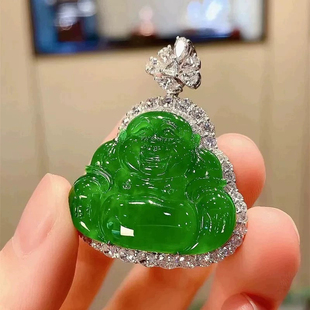 帝王绿佛天然翡翠高冰阳绿佛公银镶嵌玉佛吊坠女弥勒佛项链正冰种