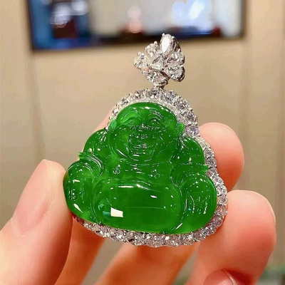 帝王绿佛天然翡翠高冰阳绿佛公银镶嵌玉佛吊坠女弥勒佛项链正冰种