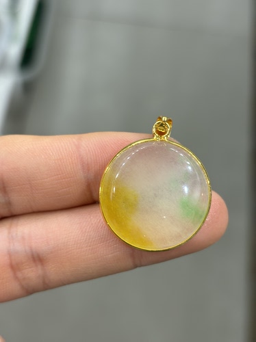天然缅甸翡翠A货冰种黄翡平安无事牌吊坠女玉石圆牌挂件项链玉器