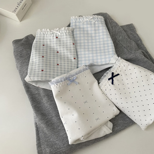 韩系小清新蓝色系舒适透气纯棉中腰内裤 加长裆部设计 女包臀三角裤