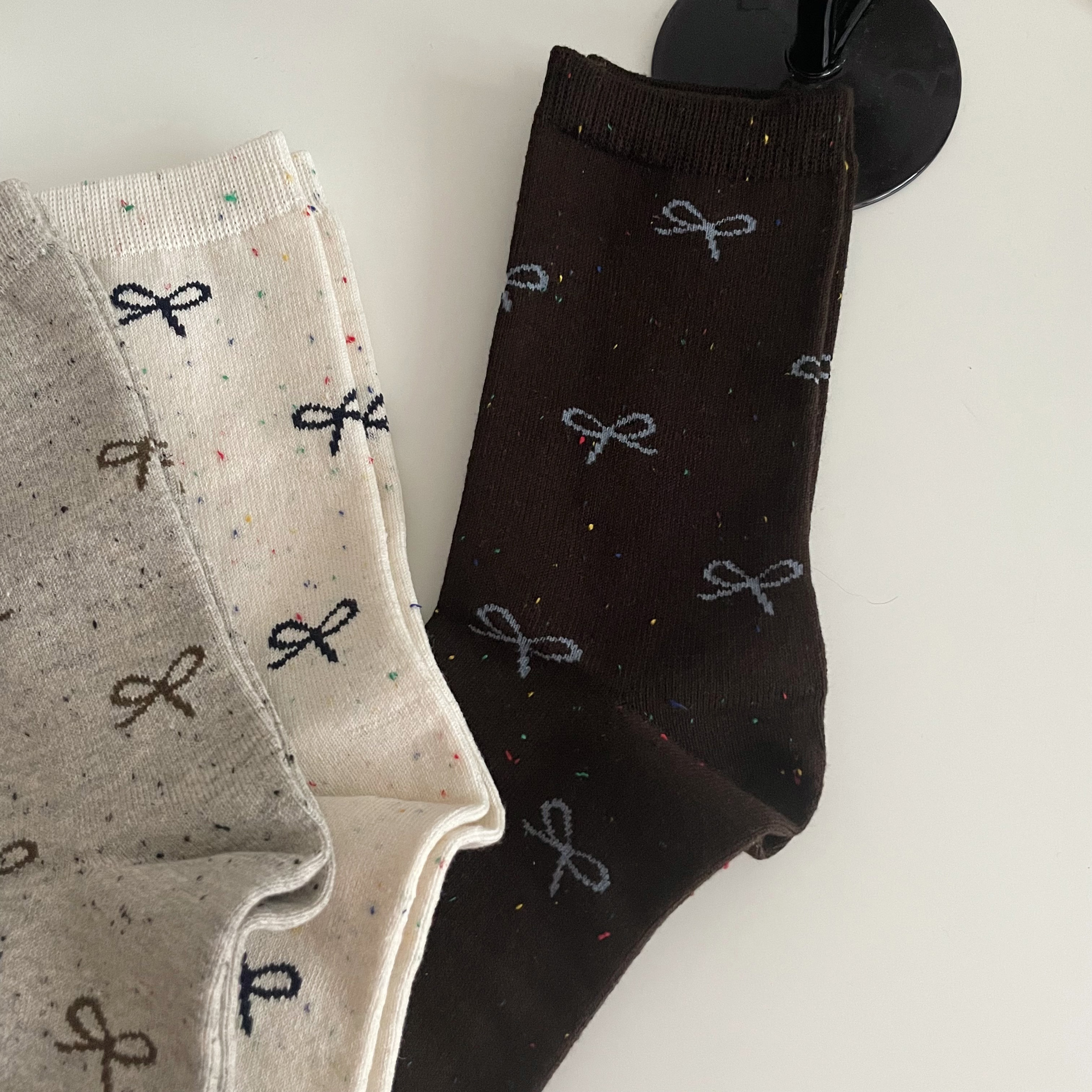 敲喜欢的彩点蝴蝶结 秋冬甜美可爱点子纱中筒袜子女棉袜ins潮复古