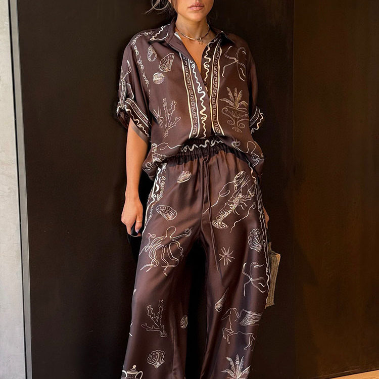 澳洲小众度假咖色涂鸦印花宽松休闲短袖真丝衬衫+高腰阔腿裤套装
