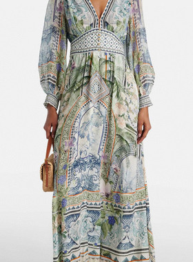 澳洲Cam*lla2025新款气质宫廷风绿色花卉印花V领真丝长款连衣裙女