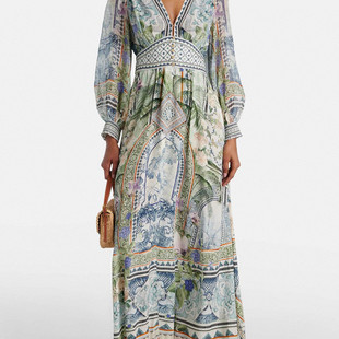 连衣裙女 气质宫廷风绿色花卉印花V领真丝长款 澳洲Cam lla2025新款