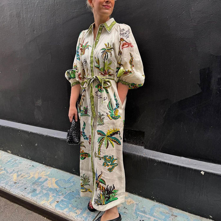 澳洲小众2025复古度假风宫廷亚麻植物印花连衣裙气质收腰衬衫裙女