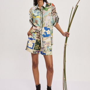 新款 套装 亚麻印花宽松休闲短袖 高腰短裤 女 衬衫 澳洲小众2025夏季