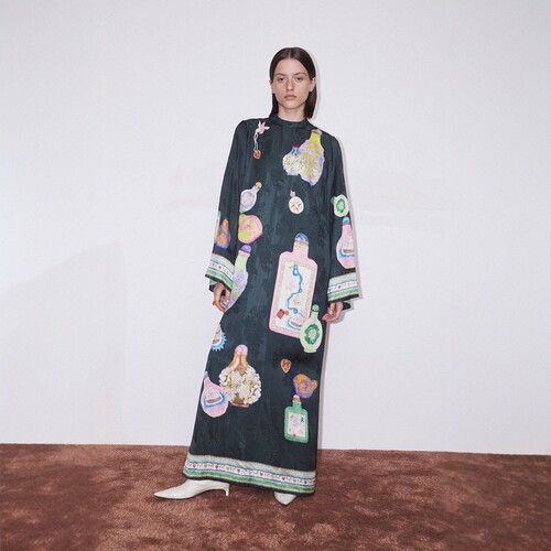 澳洲小众ALEM*IS2025春季新款黑色复古印花人丝提花缎连衣裙长裙