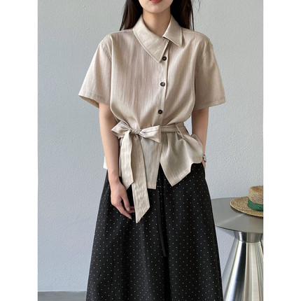 复古斜领系带短袖衬衫女夏设计感小众宽松休闲百搭上衣