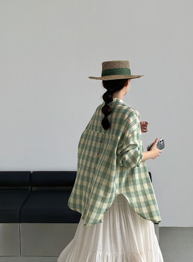 韩系绿色格子长袖防晒衬衫女夏小清新港风开叉撞色上衣