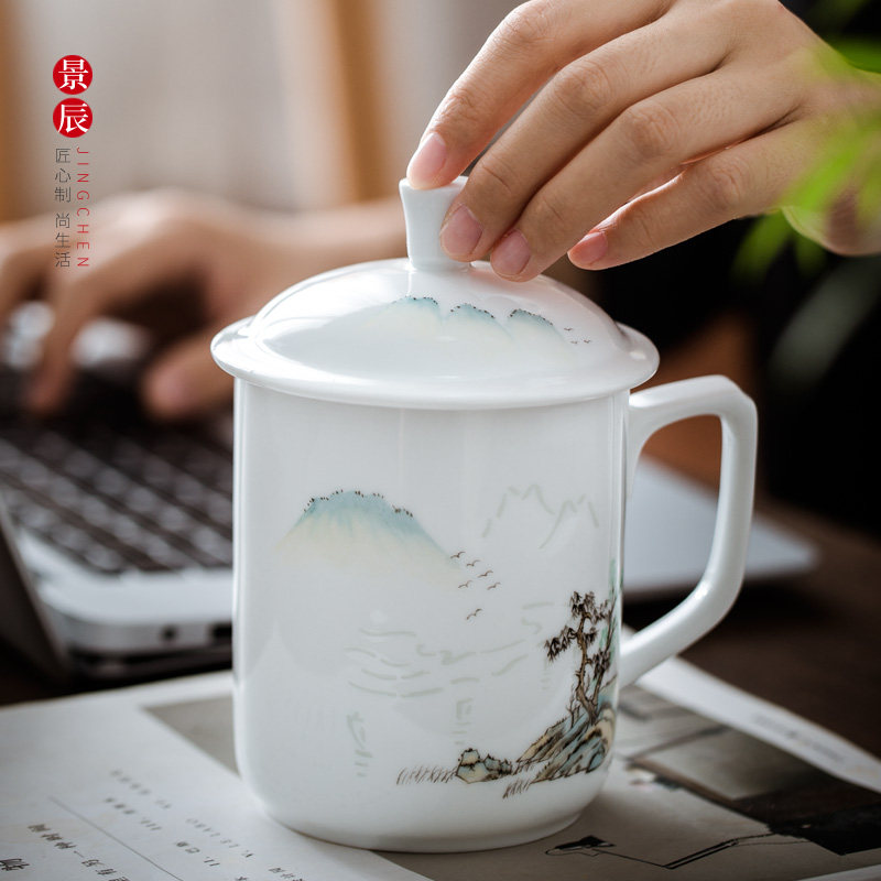 手绘玲珑办公杯景德镇白瓷粉彩茶杯陶瓷家用带盖水杯大号泡茶杯子_虎窝淘