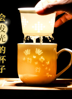 景德镇陶瓷茶杯过滤杯玲珑办公杯双层同心杯茶水分离过滤茶杯带盖