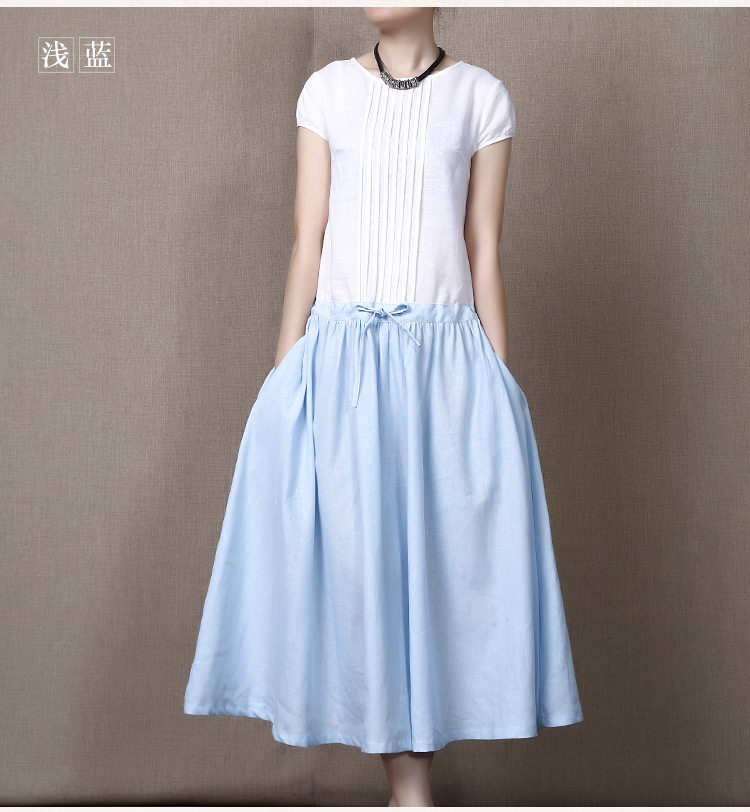 新品夏装文艺棉麻圆领短袖连衣裙