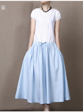 一衣江南 2020新品夏装 文艺棉麻圆领低腰短袖连衣裙 14065L