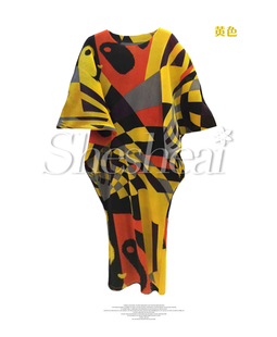 J9518三宅奢奢爱一生褶皱 藏肉显瘦 印数码花 蝙蝠袖 连衣裙洋装