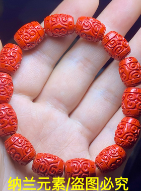 天然朱砂雕刻回云纹桶珠手串红色本命年礼物手链