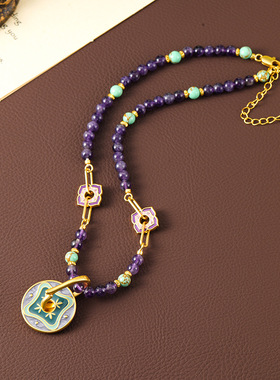 青岛原创新中式紫水晶串珠项链女百搭高级感复古花朵彩色锁骨链