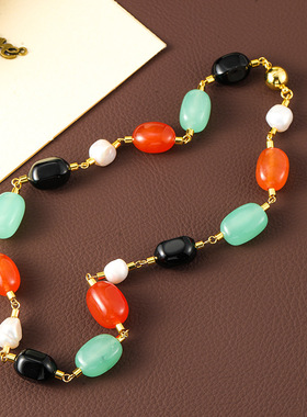 时尚彩色糖果天然石多巴胺项链手工串珠高级感淡水珍珠锁骨