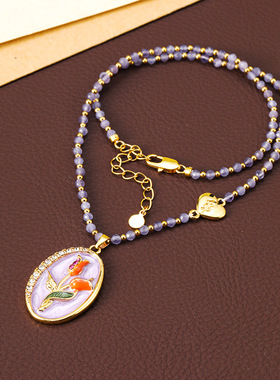 原创郁金香油画风猫眼石串珠项链女轻奢百搭高级感简约锁骨链