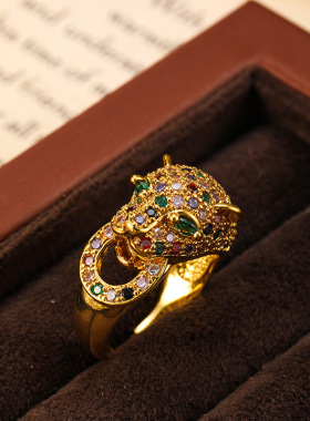 欧美重工豹子满镶彩色锆石戒指女中古轻奢高级感小众开口戒指