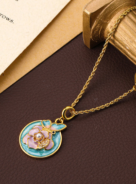 原创清新蝴蝶花朵吊坠油画彩色多巴胺项链女高级感轻奢小众锁骨