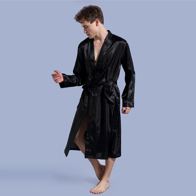 Mens Pure color long robe thin nightgown large size bathrobe
